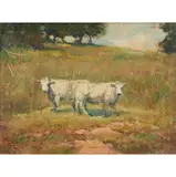 Don Ealy, Pastoral Landscape with Two Cows, oil on canvas board, [approximate dimensions - canvas board: 12" H x 16" W]