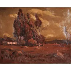 "Country Farm Scene, Southern California," by Charles Mathew Crocker, circa 1920, oil on canvas, [approximate dimensions -, offered Aug 2025