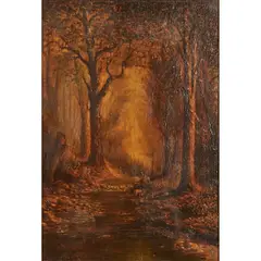 William Franklin Jackson, Forest Landscape with Two Deer, oil on canvas board, (approximate dimensions -