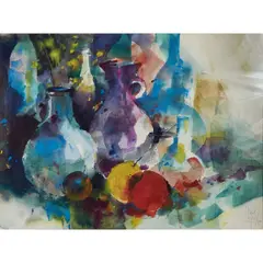 Jack Laycox, Still Life (Bottles and Fruits), watercolor on paper, [approximate dimensions -
