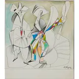 Mihail Chemiakin, Harlequinn and Pierrot #22, 1981, watercolor, ink, and colored pencil on paper, [approximate dimensions -