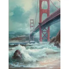 Eugene Garin, Waves Crashing on the Shore by Golden Gate Bridge, oil on canvas, [approximate dimensions - canvas: 40 h x 30 1/4 w inches]