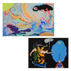 Norman Stiegelmeyer, two works on paper, including (i) Caught in the Zebra Machine Pinch..., March, 1965, acrylic, watercolor, pen, and ink on paper, [sight: 11-1/2 h x 15-3/8 w inches]