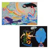 two works on paper, including (i) Caught in the Zebra Machine Pinch..., March by Norman Stiegelmeyer, 1965, acrylic, watercolor, pen, and ink on paper, [sight: 11-1/2 h x 15-3/8 w inches], offered Jul 2025