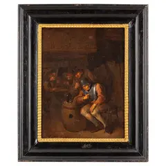 Egbert van Heemskerck, Interno di taverna con soldato ubriaco e giocatori di carte / Siglato HK a lettere incrociate sullo sgabello, oil on canvas