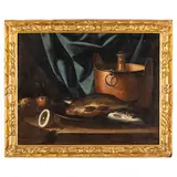 Nicola Levoli, Natura morta con pesci, limone, e bacile in rame, oil on canvas
