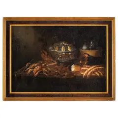 Giacomo Nani, Natura morta con salsicce, lumache, cacciagione e scampi, oil on canvas