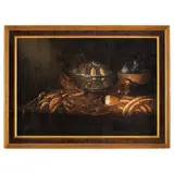 Giacomo Nani, Natura morta con salsicce, lumache, cacciagione e scampi, oil on canvas