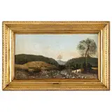 Nicola Palizzi, Vasto, 1820 - Napoli, 1870 / Paesaggio con pittore e contadini / Firmato N Palizzi in basso a destra