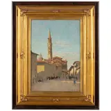 Mario Borgiotti, Livorno, 1906 - Milano, 1984 / Scorcio cittadino con figure / Firmato M Borgiotti e datato 48 in basso a destra, oil on cardboard
