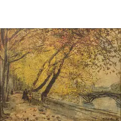 Michele Cascella, Ortona 1892 - Milano 1989 / Autunno a Parigi, Stampa rilievografica su carta applicata su tela