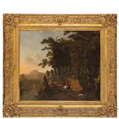 Jan Hackaert, Paesaggio boscoso con scena di caccia, oil on canvas
