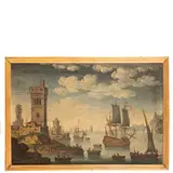 Alessandro Grevenbroeck, Paesaggio costiero mediterraneo con velieri da guerra all'ancora, oil on canvas
