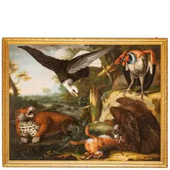 Paesaggio con ghepardo, aquila e un avvoltoio che attaccano un coniglio / Firmato P Paillou sulla roccia in basso al centro by Peter Paillou, oil on canvas, offered Nov 2025