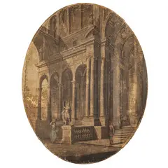 Vittorio Bigari, Capriccio architettonico con figure, oil on canvas ovale