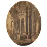 Vittorio Bigari, Capriccio architettonico con figure, oil on canvas ovale