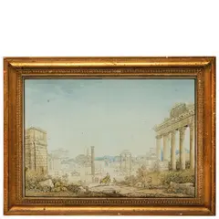 Franz Kaisermann, Veduta del Foro Romano con l'Arco di Settimio Severo a sinistra, il Tempio di Saturno a destra e il Colosseo sullo sfondo / Firmato Kaisermann in basso a destra, watercolour con linee di incisione