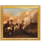 Jan Wyck, Due ufficiali di cavalleria osservano il bombardamento di un castello / Firmato Jwÿck sulla roccia in basso a destra, oil on canvas