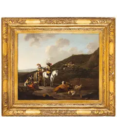 Jan van Huchtenburgh, Paesaggio con coppia di cavalieri e pastori / Firmato in basso a destra sotto il tronco: J. V. Huchtenburgh, oil on canvas