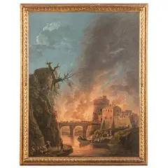 Carlo Bonavia, Paesaggio fluviale con incendio, oil on canvas