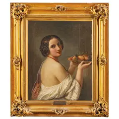 Natale Schiavoni, Chioggia, 1777 - Venezia, 1858 / Ritratto femminile con canestro di frutta / Firmato N Schiavoni dip in basso a destra, oil on canvas