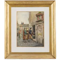 Cesare Augusto Detti, Spoleto, 1847 - Parigi, 1914 / Zampognari davanti alla chiesa / Firmato Detti C A, data 69 in basso a sinistra, Acquarello su carta