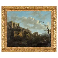 Jacob de Heusch, Paesaggio con rovine romane e figure, oil on canvas
