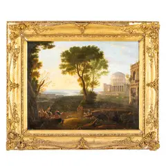 Giuseppe Candida, Veduta ideale della campagna romana con processione verso il tempio di Apollo a Delfi / Firmato e datato sul ponte: G. Candida Roma 1832, oil on canvas