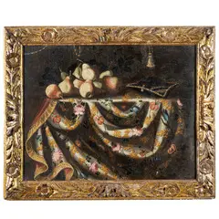 Antonio Gianlisi II, Natura morta con su un tavolo con tessuto ricamato, oil on canvas