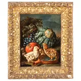 Pietro Navarra, Natura morta con uva, zucca, melograno e pulcini, oil on canvas