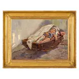 Alessandro Battaglia, Roma, 1870 - 1940 / Bambino nella culla / Firmato A Battaglia, Anticoli Corrado IX 1921 in basso a destra, oil on panel
