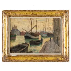 Ferruccio Scattola, Venezia, 1873 - Roma, 1950 / Bragozzi in laguna / Firmato Scattola in basso a destra, oil on cardboard
