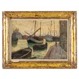 Ferruccio Scattola, Venezia, 1873 - Roma, 1950 / Bragozzi in laguna / Firmato Scattola in basso a destra, oil on cardboard