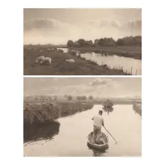Peter Henry Emerson, Selected Images from 'Life and Landscape on the Norfolk Broads', 1886, Two platinum prints, including 'On the River Bure' and 'Quanting the Marsh Hay'; each mounted