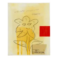 One-Man Juggernaut by Donald Baechler, 1998, acrylic, graphite, ball point pen, industrial varnish and paper collage on canvas board, offered Jul 2025