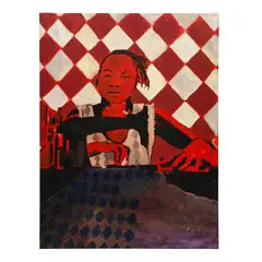 Móyòsóré Martins, Untitled (Woman at Sewing Machine), 2018, oil on canvas