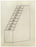 Konrad Klapheck, Vorzeichnung zu „Läuterung, 1974, Kohle und Farbstift in Rot und Blau auf Pergament­papier