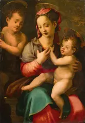 Carlo Portelli, Maria mit dem Kind und dem Johannesknaben. Mitte 16. Jahrhundert, Tempera auf Walnußholz