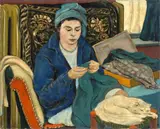 Max Kaus, Mädchen mit Turban, nähend, 1929, Öl auf Leinwand, über Papier auf Keilrahmen gespannt