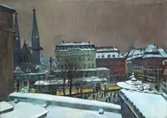 Postplatz - Dresden im Schnee by Conrad Felixmüller, 1933, Öl auf Leinwand, sold Jun 2010