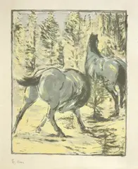Franz Marc, Pferde in der Schwemme“ („Pferde in der Sonne“), 1908, Farblithographie auf Japanbütten