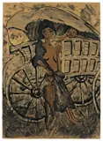 Otto Mueller, Zigeunerin mit Kind vor dem Planwagen, 1926, Farblithographie auf graublauem Papier, mit gelber Kreide überarbeitet
