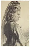 Adolph von Menzel, Frau mit Hut im Profil nach rechts