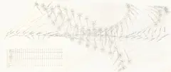 Jorinde Voigt, Deklination I (linker Teil des Triptychons: (26 Standpunkte) Rotation Doppelter Akustischer Impuls (N, O, S, W; Horizontale Distanz, Vertikale Distanz, Volume in %, Dauer in Sek., Loop, Rotationsricht, 2008, Bleistift und Tuschfeder auf Papier