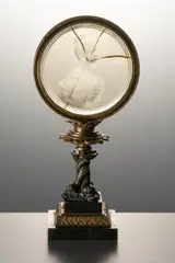 Dominik Bimann, Glass Plaque in a Mounting, Around 1840, engraved glass, patinated and gilded brass.