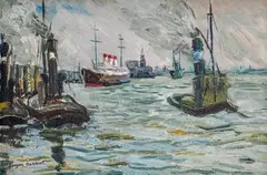 Eugen Dekkert, Parowce w porcie, olej, tektura, 26