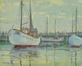Feliks Paszkowski, Kutry w porcie w Helu, 1938, 1938, olej, sklejka, 36
