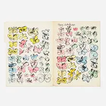 Happy Butterfly Day by Andy Warhol, c. 1958, offset lithograph with hand-coloring on manila folder, sold Jun 2022