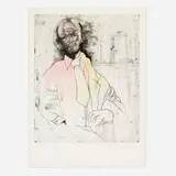 Jim Dine, Self Portrait as a Die Maker (from the Eight Sheets from an Undefined Novel, State II portfolio), 1979, etching, soft-ground etching, aquatint and electric tools with hand-coloring in oil on BFK Rives