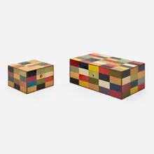 Ercolano, Jewelry boxes, set of two, 2007, lacquered wood inlay, brass, suede lining